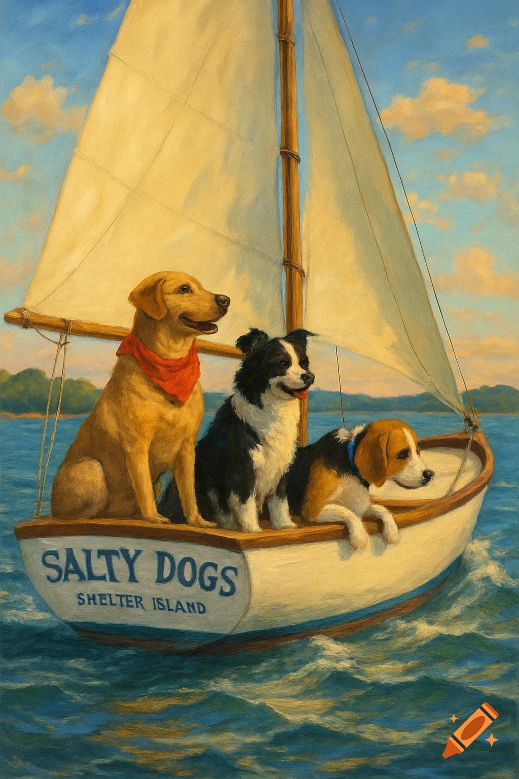Painting of three dogs, a golden retriever, border collie, and beagle, sailing on a boat named 'Salty Dogs' on the water.