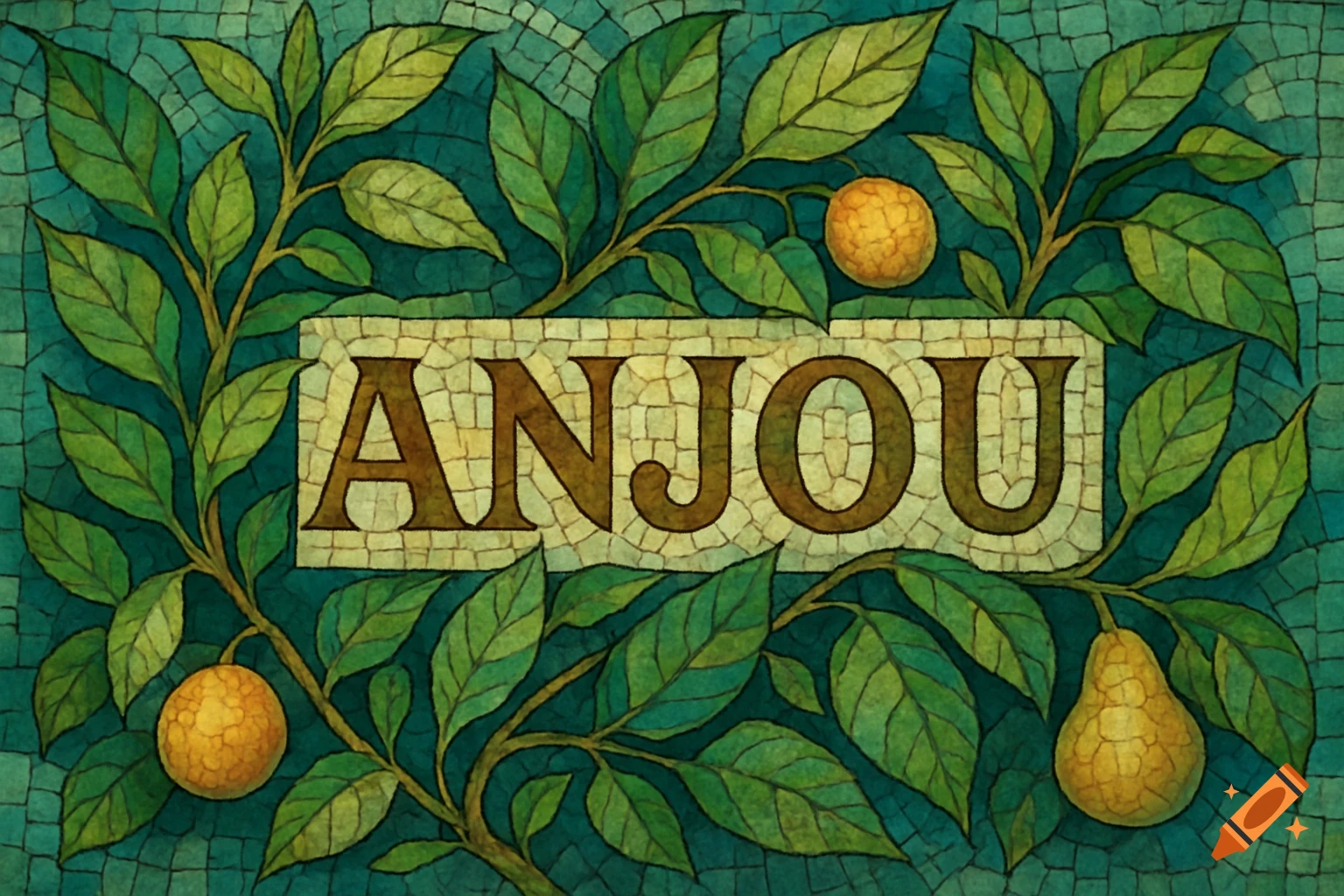 Mosaic of a plant with leaves and fruit surrounding the word ANJOU.