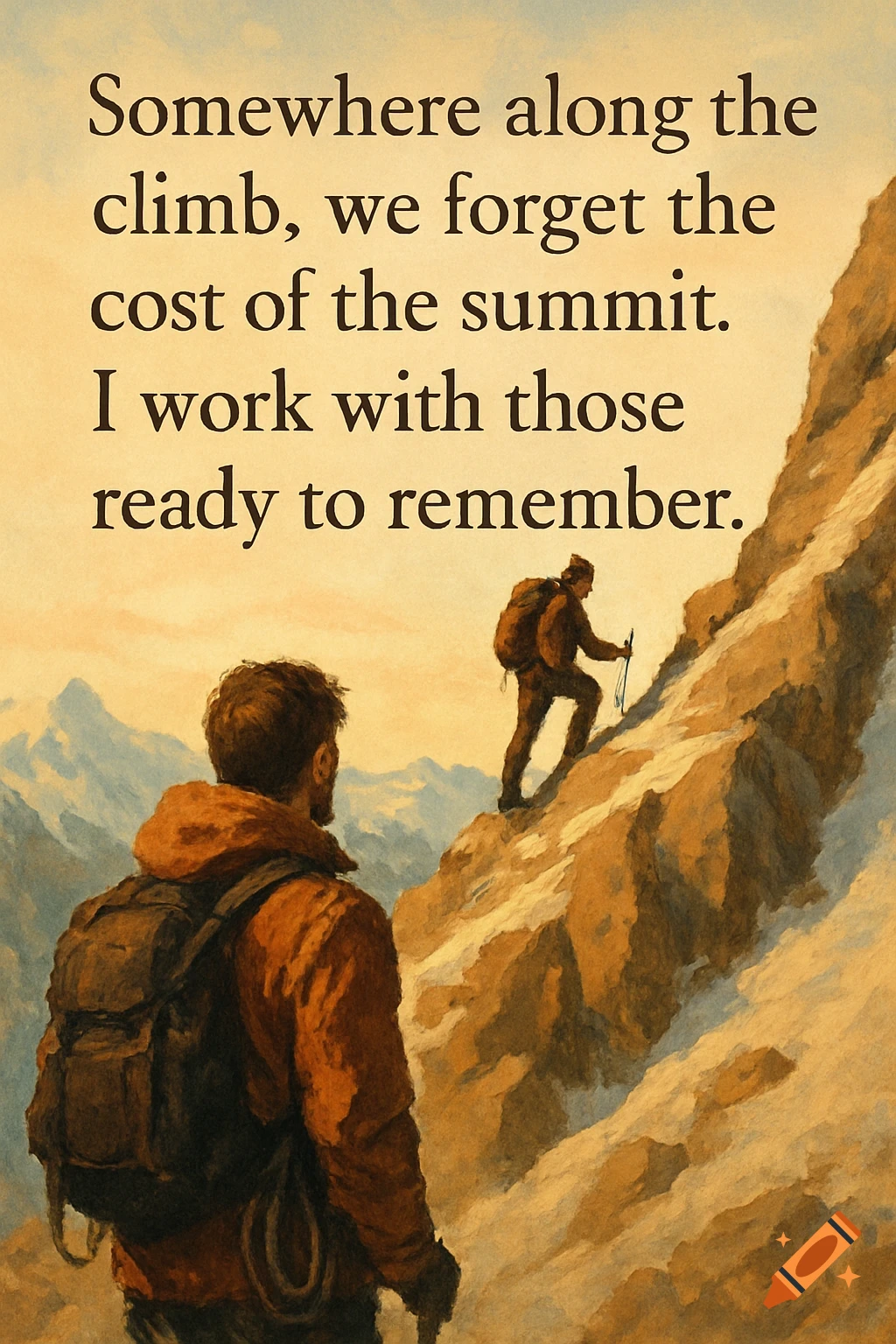 Two climbers on a snowy mountain slope with overlaid text.
