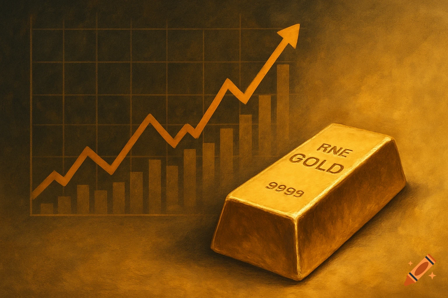 A textured illustration of a gold bar next to a graph with a rising orange line and bar chart.