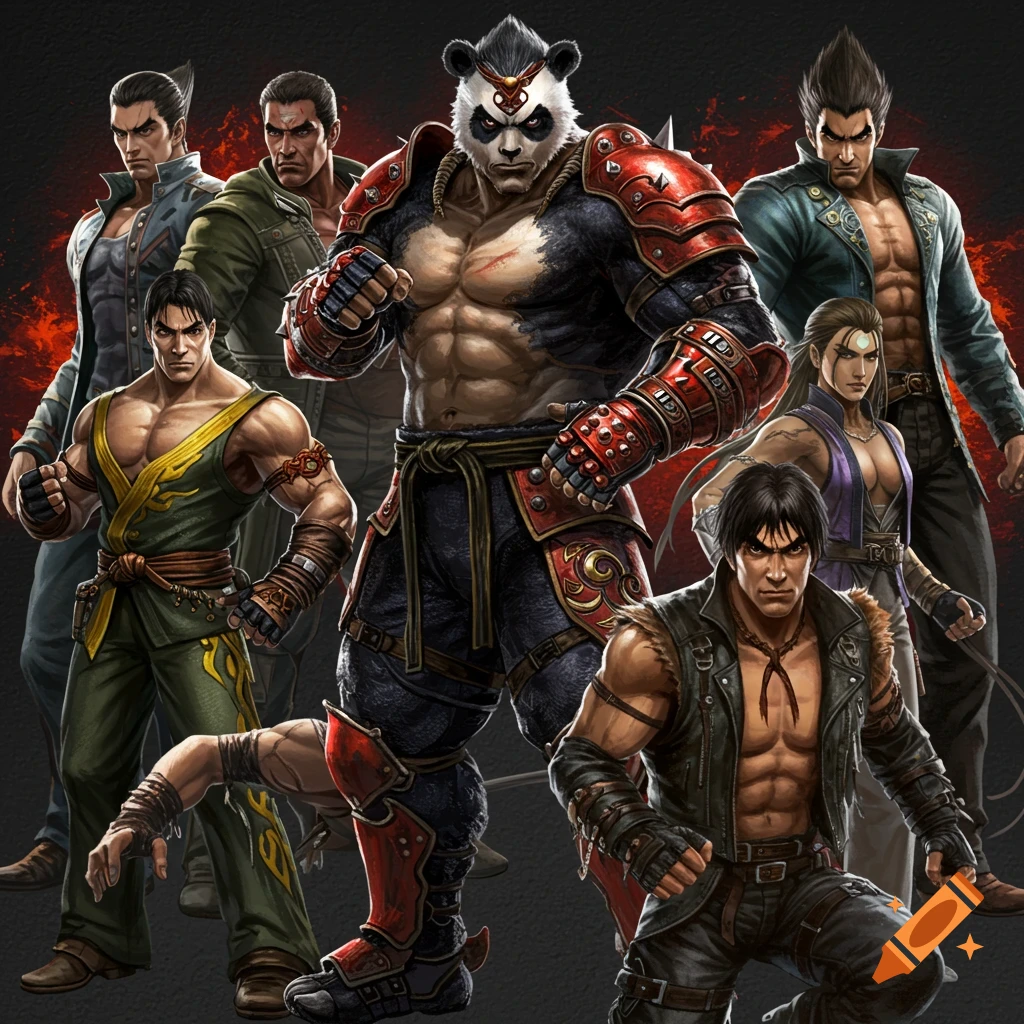 Tekken characters, including a panda, standing in fighting poses in a stylized illustration.