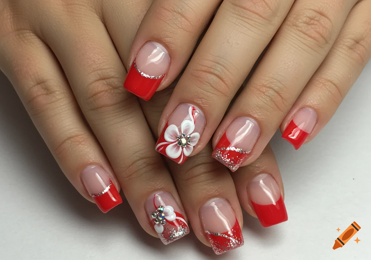 Close-up of hands with red and white French tip nail art, silver glitter, and floral designs with gems.