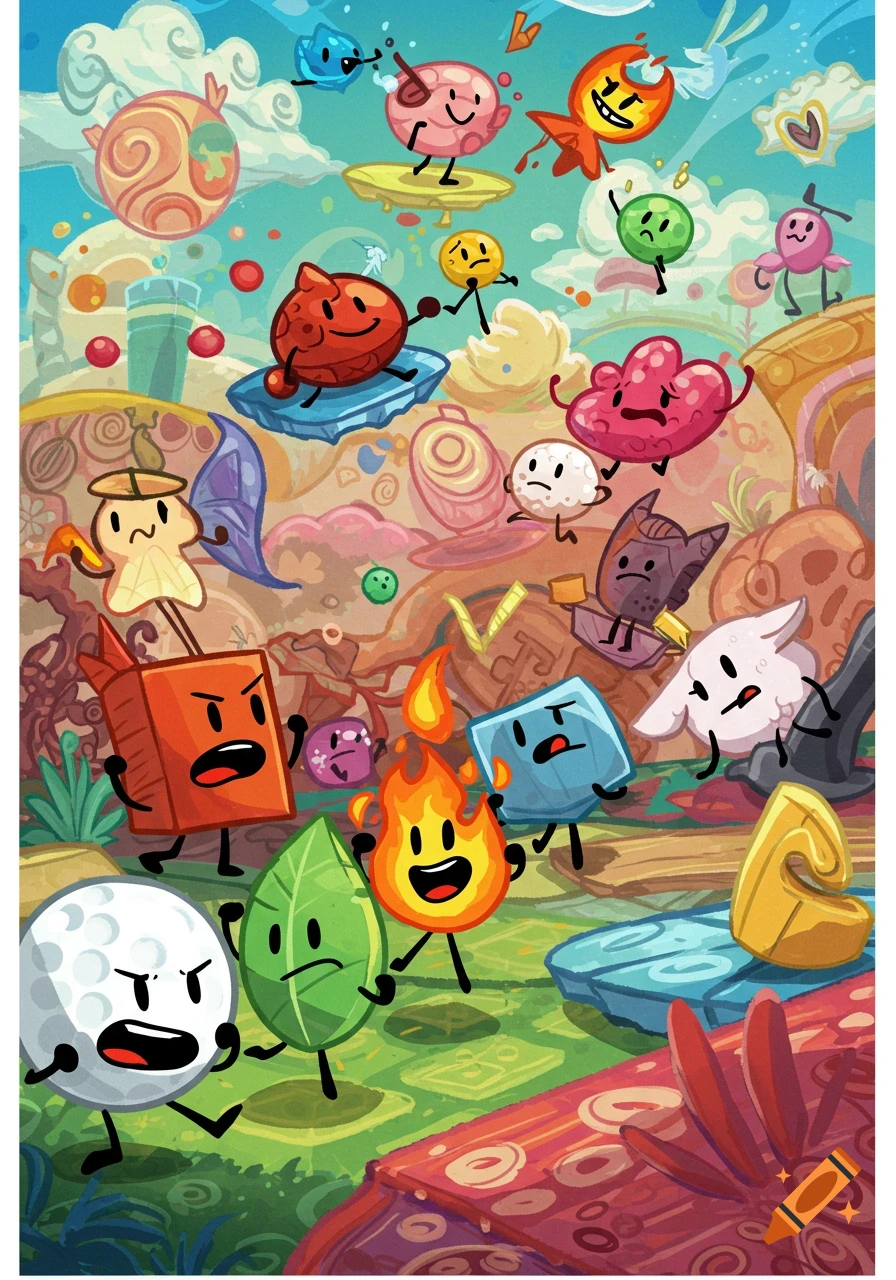 Cartoon characters based on objects, like a golf ball, leaf, and fire, stand in a colorful, surreal landscape.