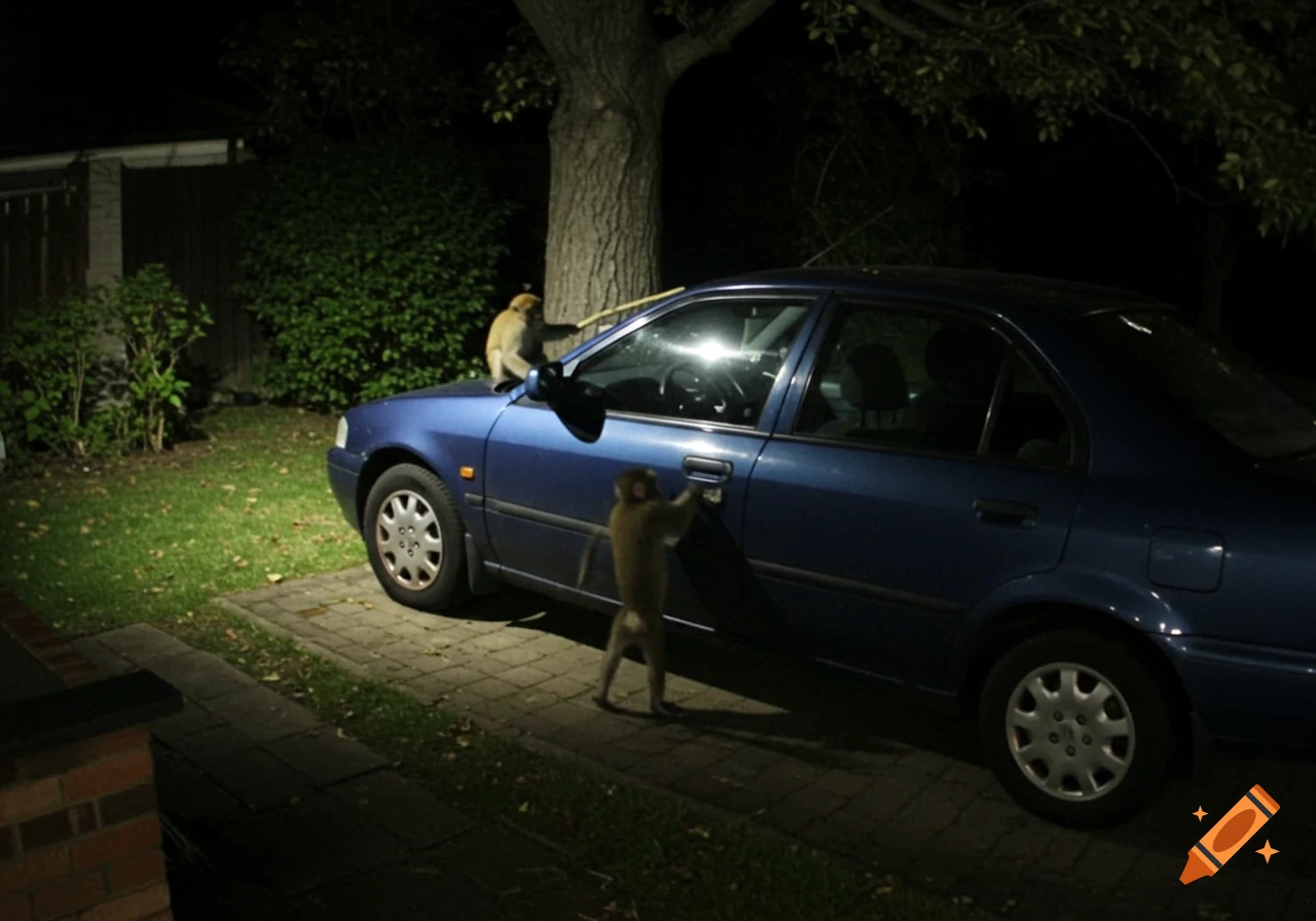 Monkeys interacting with a blue car in a backyard at night.