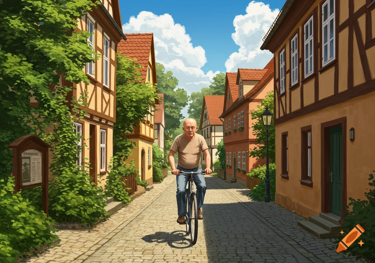 Illustrative image of a bald middle-aged man riding a bike down a cobblestone street lined with traditional half-timbered houses.
