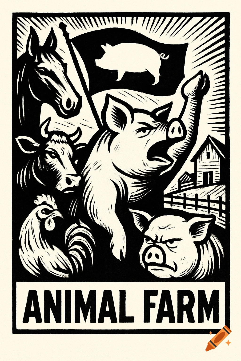 Black and white woodcut style image of farm animals under a flag with a pig silhouette, text reads ANIMAL FARM