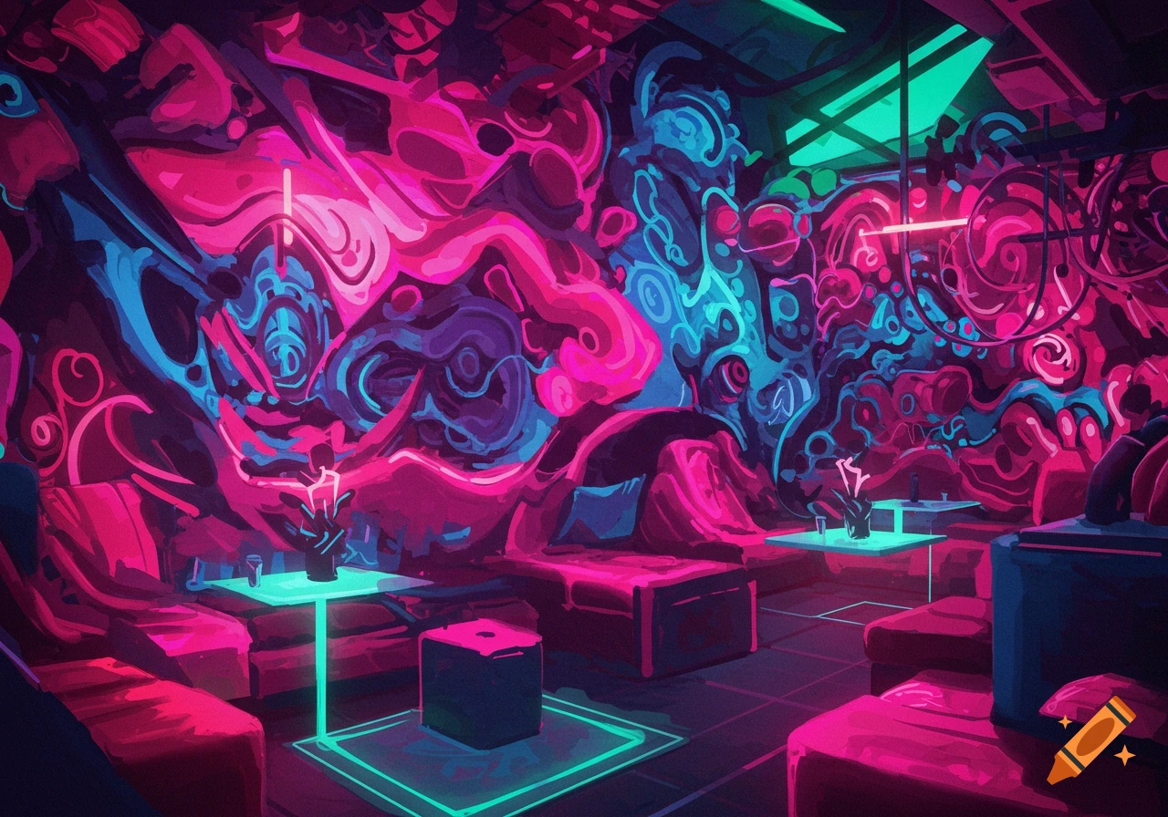 Abstract neon lounge with pink and blue glowing shapes
