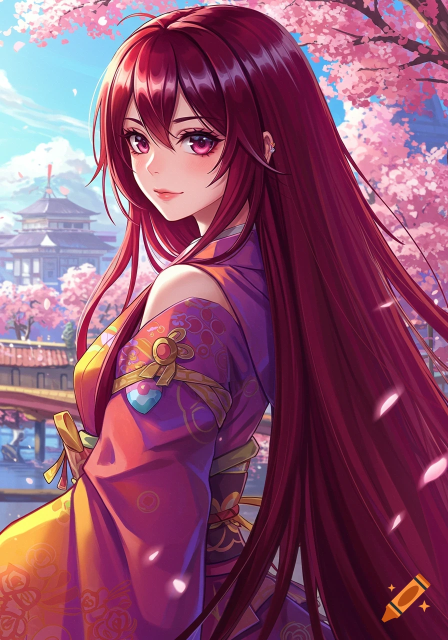 Anime girl with long red hair in a kimono under cherry blossoms.