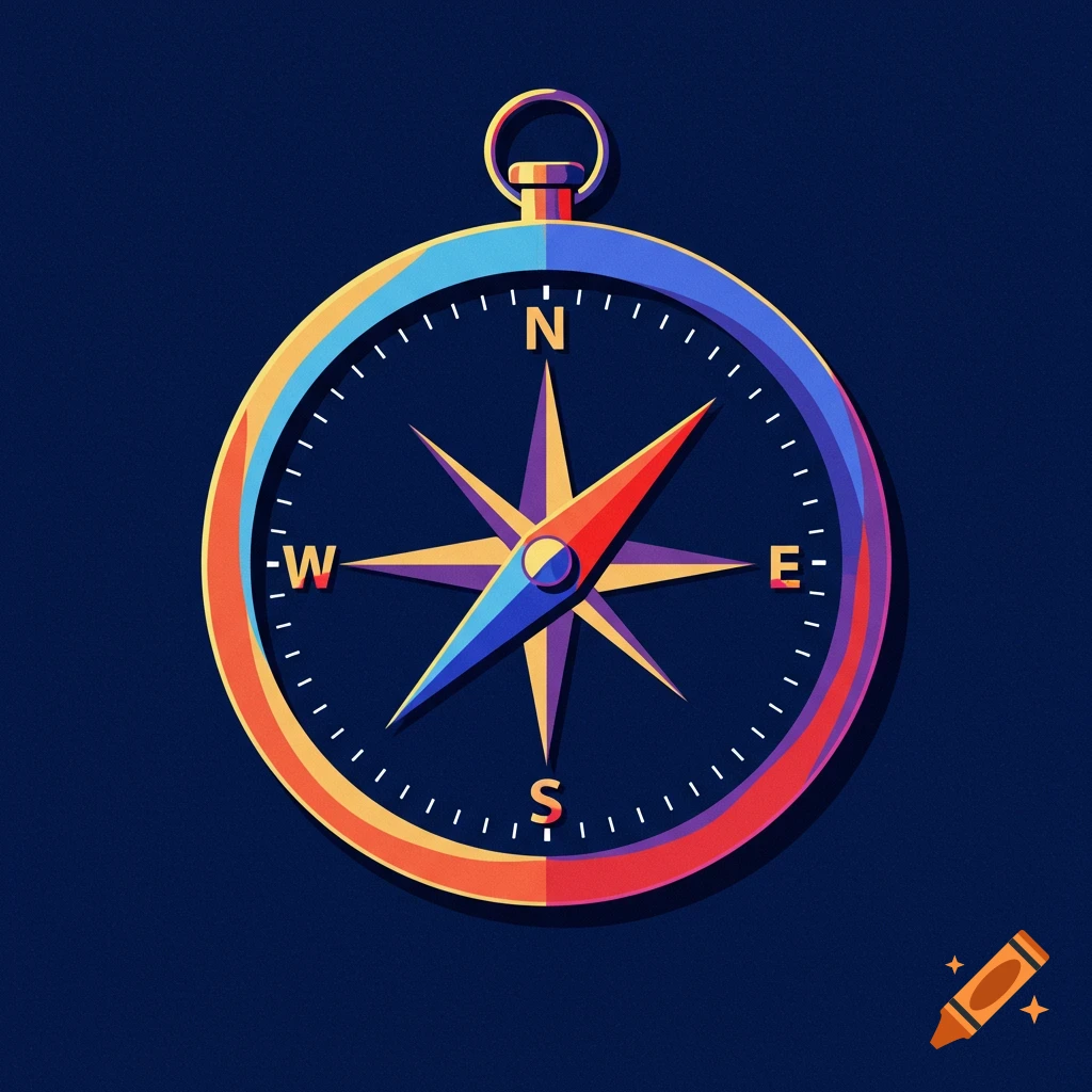 A colorful, modern illustration of a compass on a dark blue background.