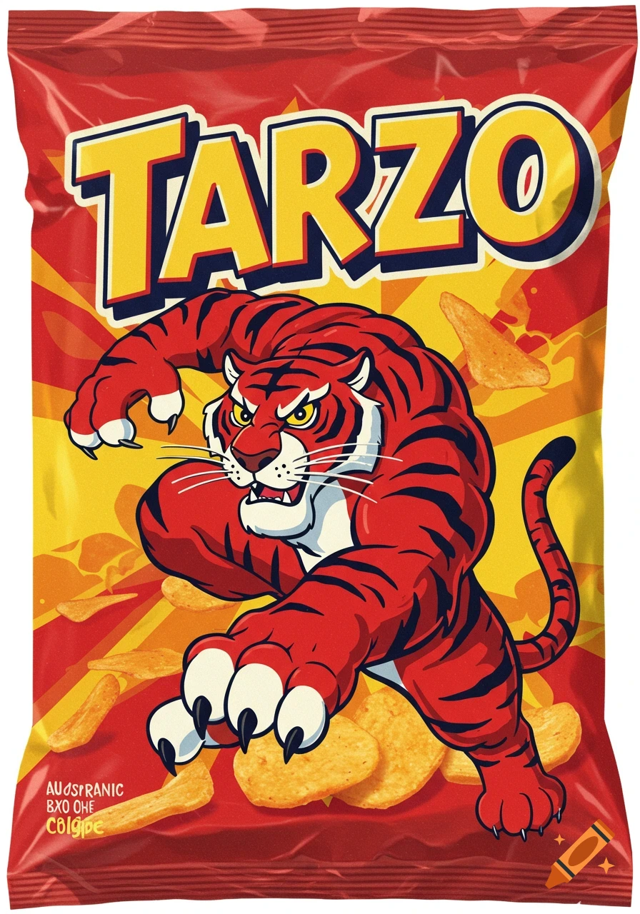 Red chip bag with a cartoon red tiger and 'TARZO' logo.