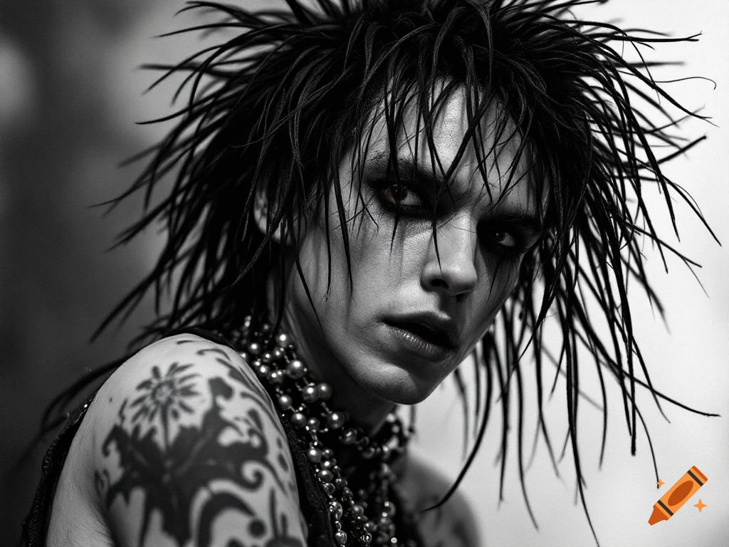 Black and white close-up portrait of a person with spiky black hair, heavy eye makeup, and a tattoo on their shoulder.