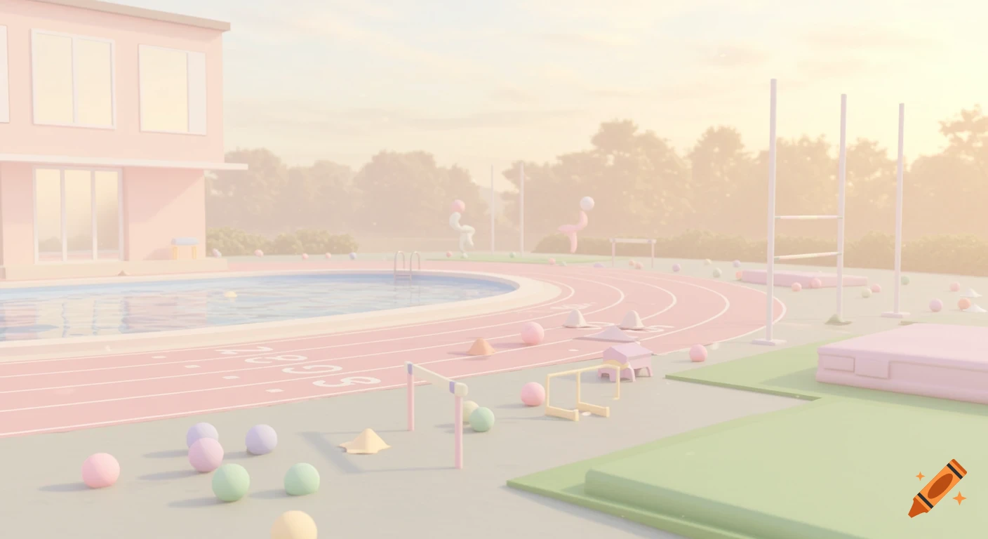 A pastel, animated-style scene of a sports field with a swimming pool, running track, hurdles, and high jump area.