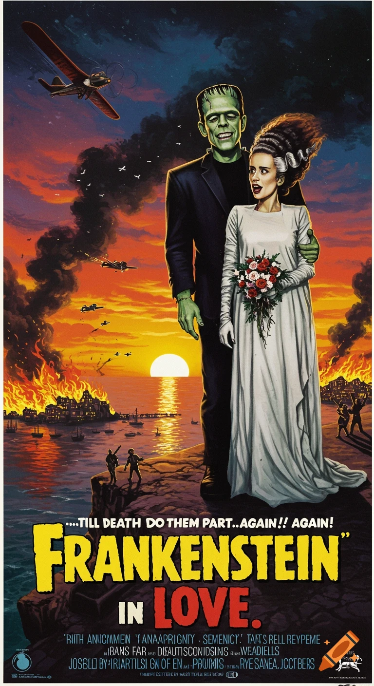 A vintage horror movie poster shows Frankenstein and his Bride on a cliff overlooking a burning city, titled 'Frankenstein in Love'.