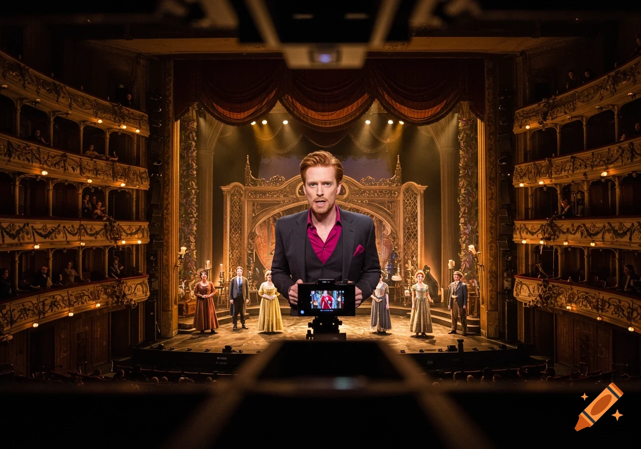 A man on a theater stage holds a screen with actors in period costumes behind him, viewed from the audience.
