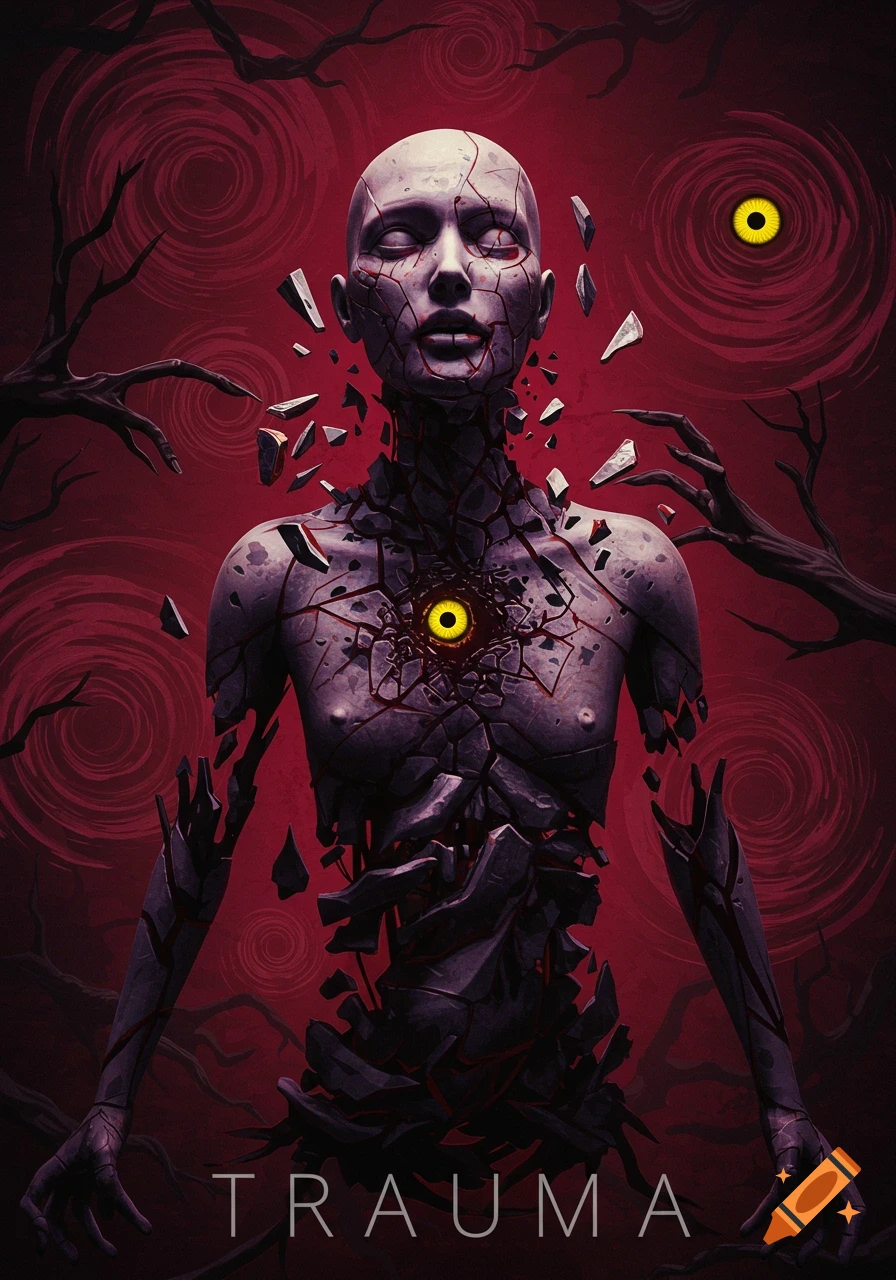 Stylized figure breaks apart against a swirling red background with branches and eyes, text reads 'TRAUMA'.