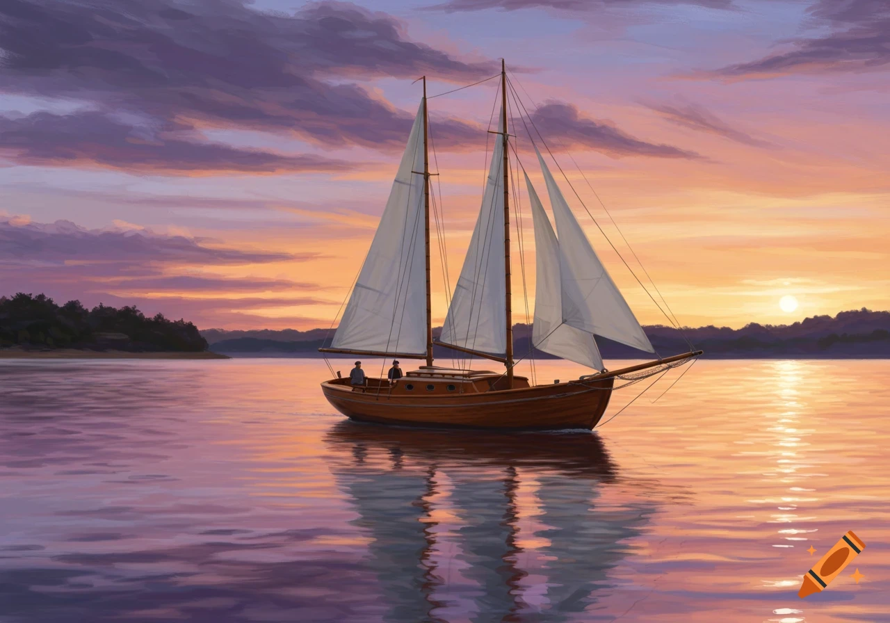 A sailboat on a lake at sunset, painted style.