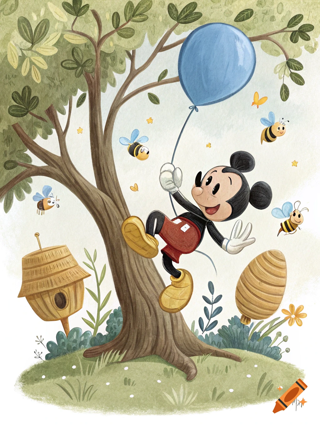 Mickey Mouse floating by a tree with a blue balloon, surrounded by bees and beehives in a cartoon illustration.