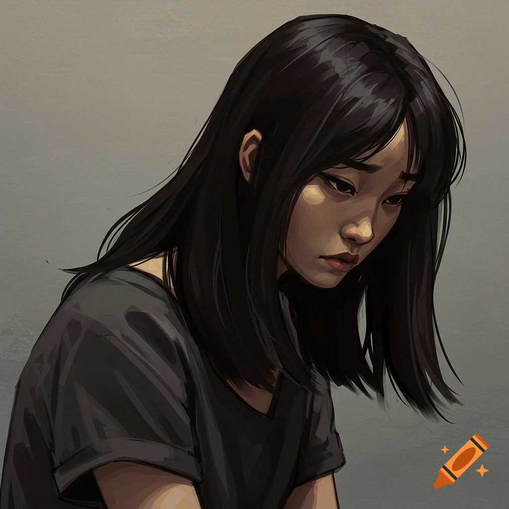Digital painting of a young woman looking down, appearing sulky.