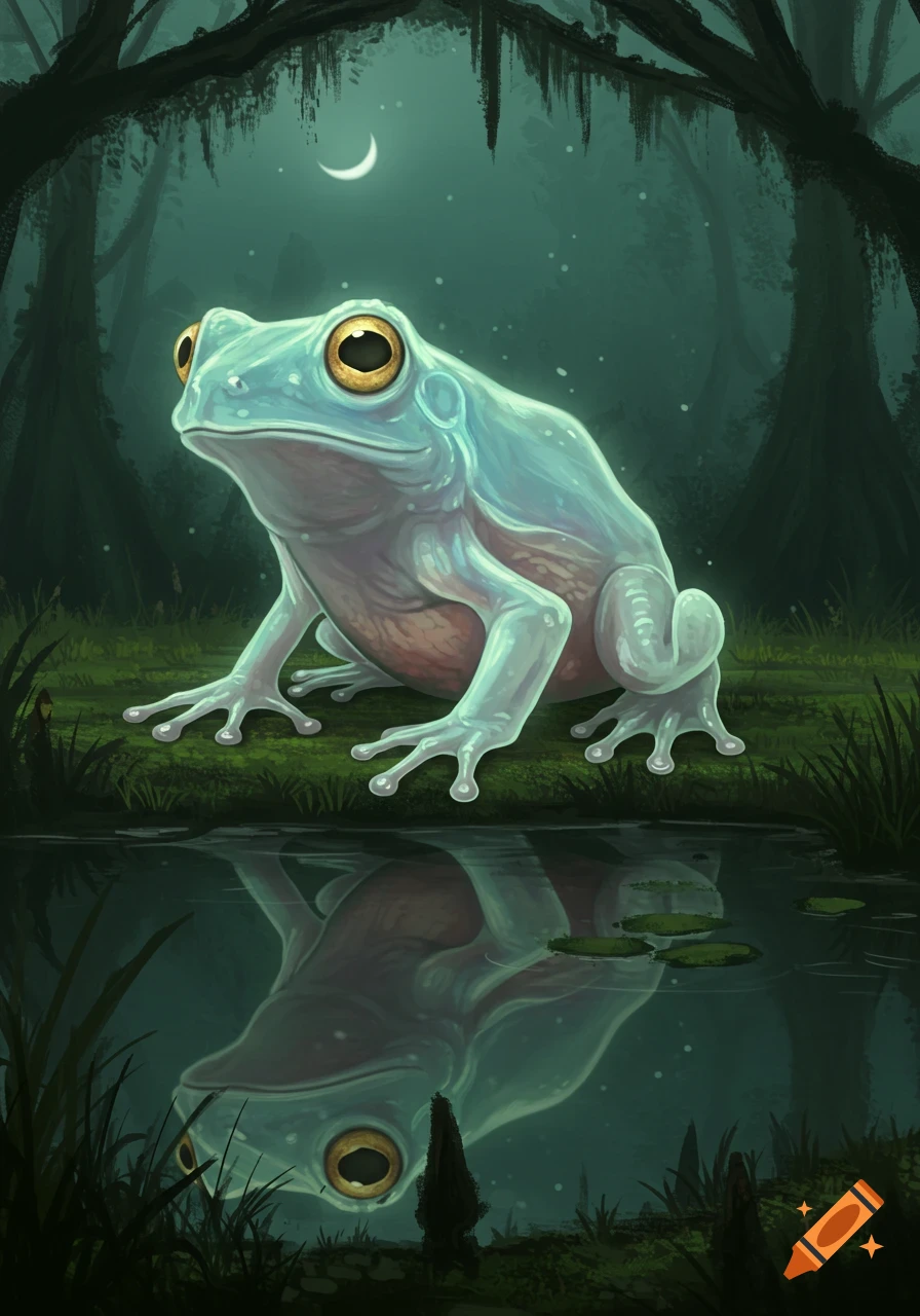 A glowing blue frog sits by a pond, reflected in the water, in a dark swamp under a crescent moon. Digital illustration.