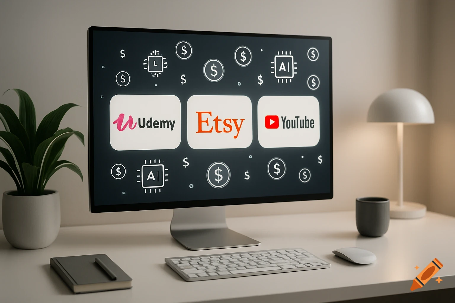 A desktop monitor on a desk shows logos for Udemy, Etsy, and YouTube. A keyboard, mouse, plant, and lamp are also on the desk.
