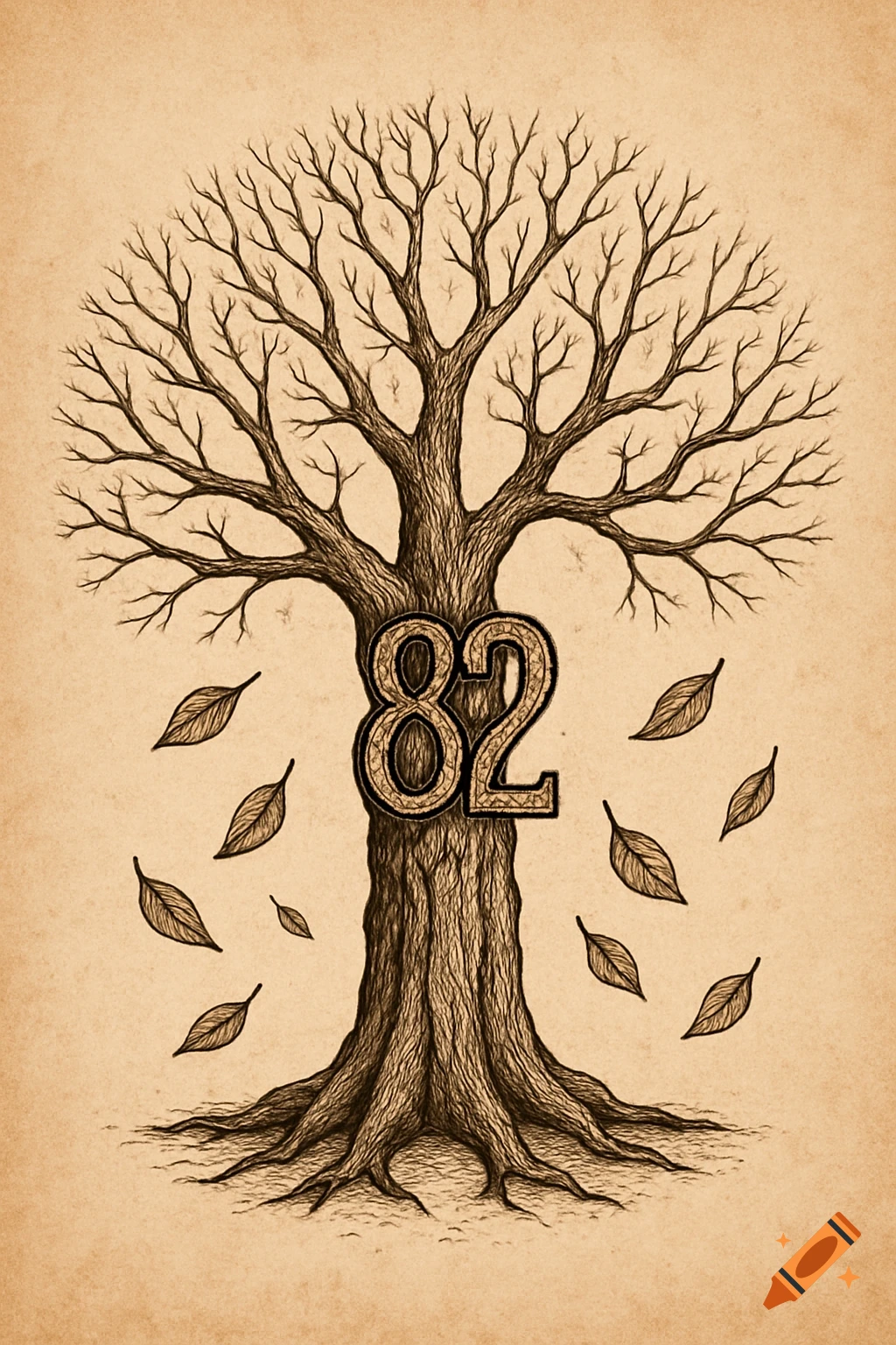 Sketch of a tree with the number 82 on its trunk and falling leaves