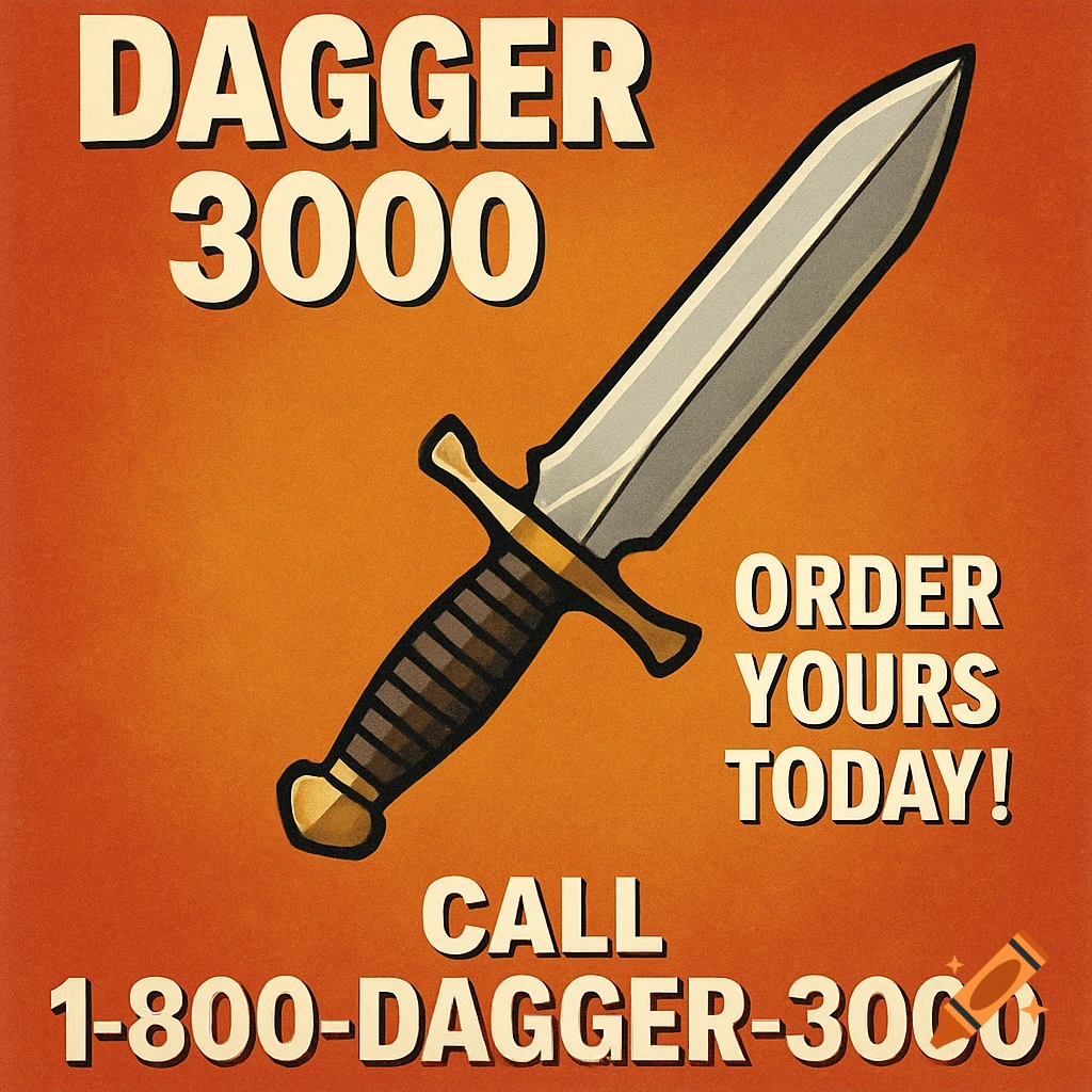 Advertisement poster for Dagger 3000 showing a stylized dagger and contact information.