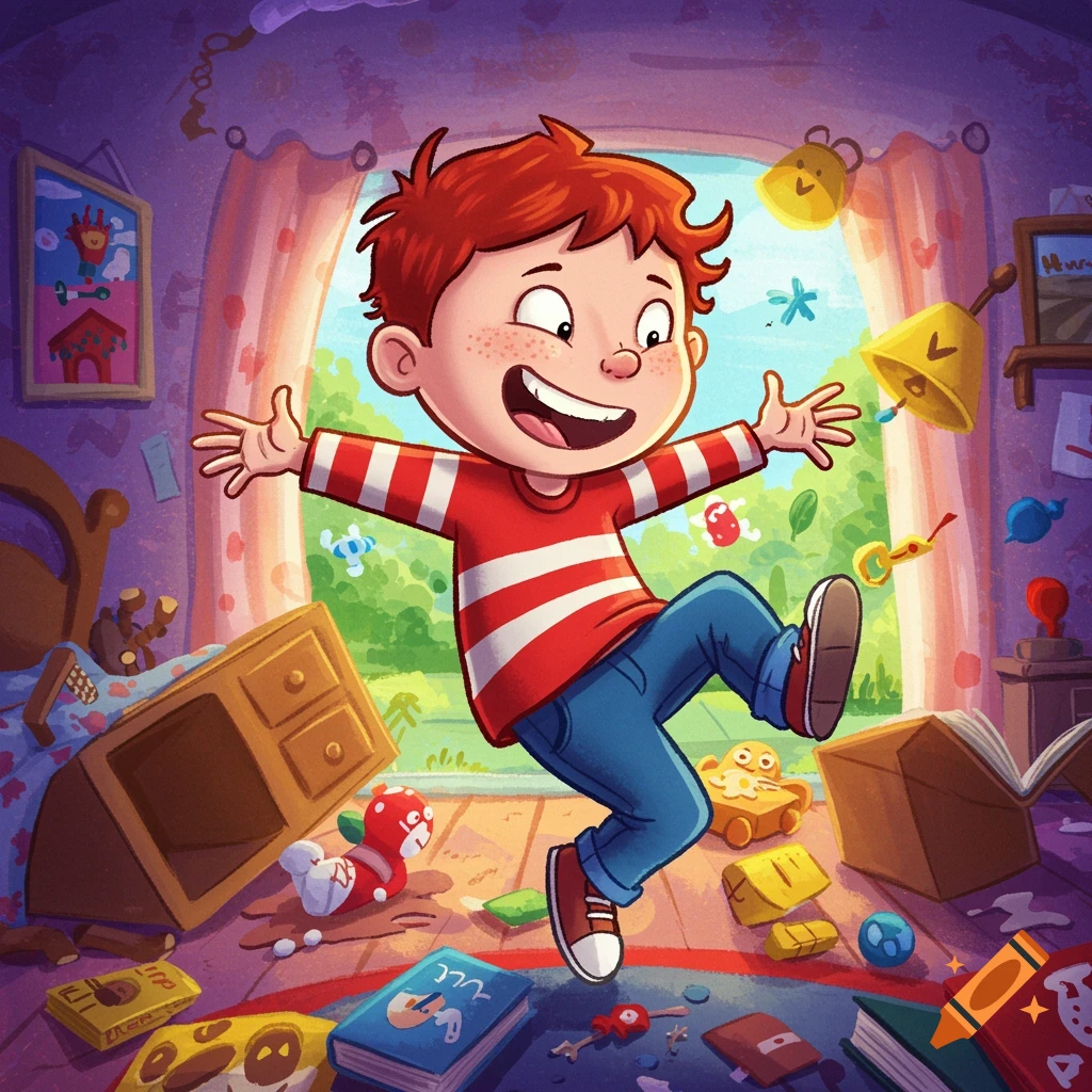 Cartoon illustration of a messy room with a red-haired boy jumping excitedly in the center.