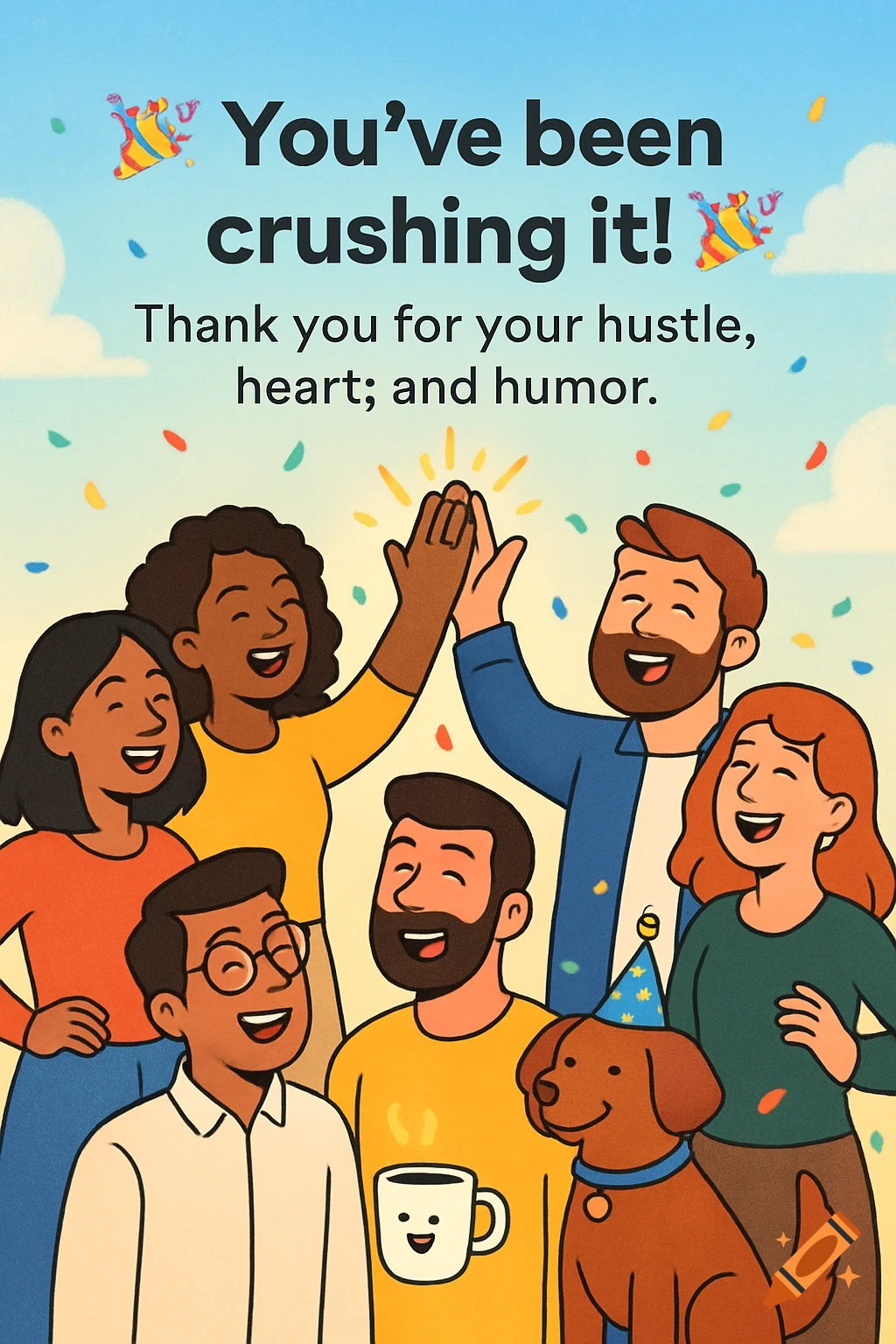 Cartoon image of a diverse group of people high-fiving with confetti and text saying 'You've been crushing it!'