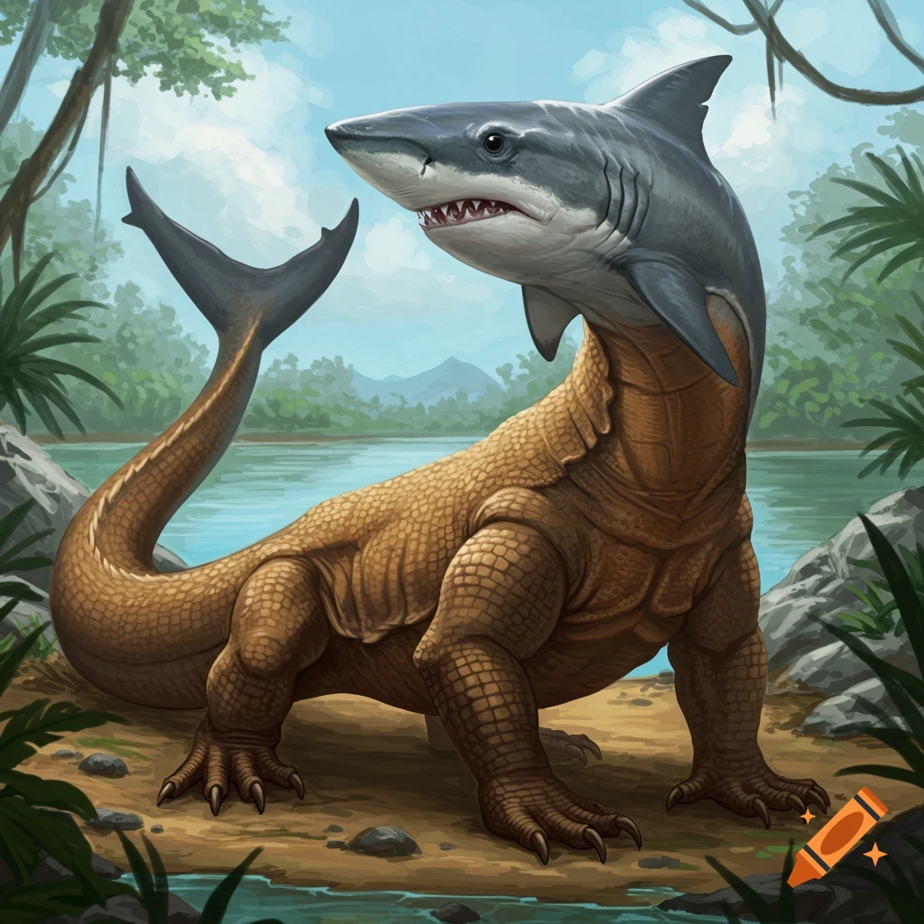 Fantasy illustration of a creature with a Komodo dragon body and a shark head standing by a river in a jungle.