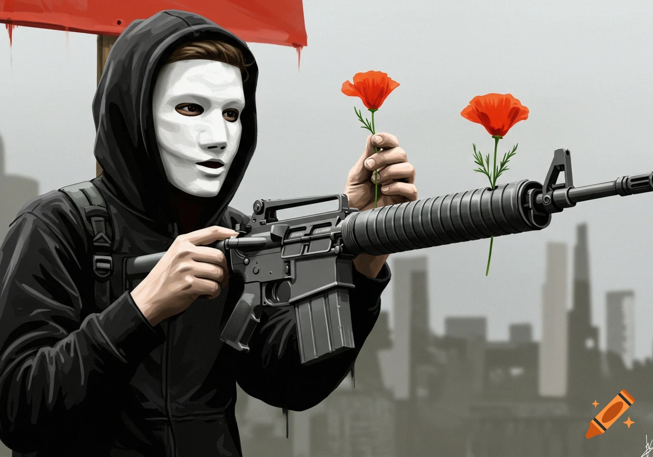 Masked protester putting flowers in a rifle barrel in Banksy style