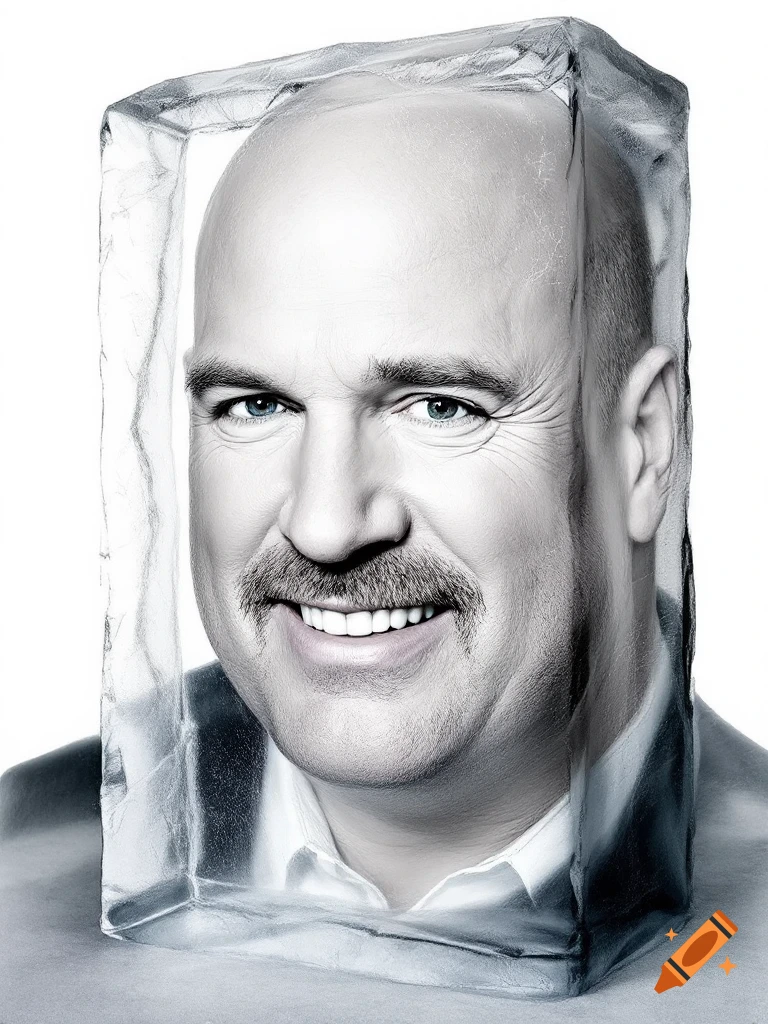 Photorealistic portrait of a man resembling Dr. Phil, frozen inside a block of ice.
