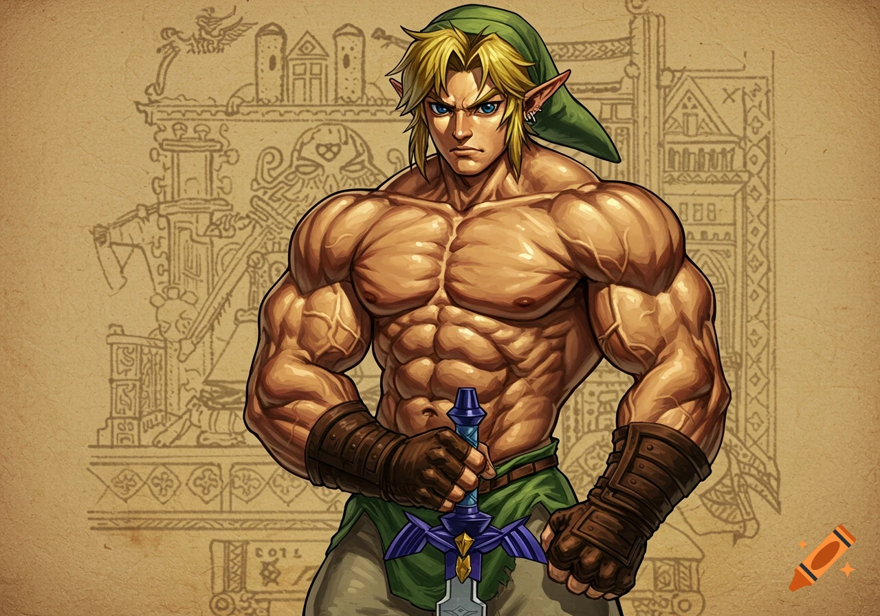 Muscular shirtless Link with the Master Sword against a parchment background sketch