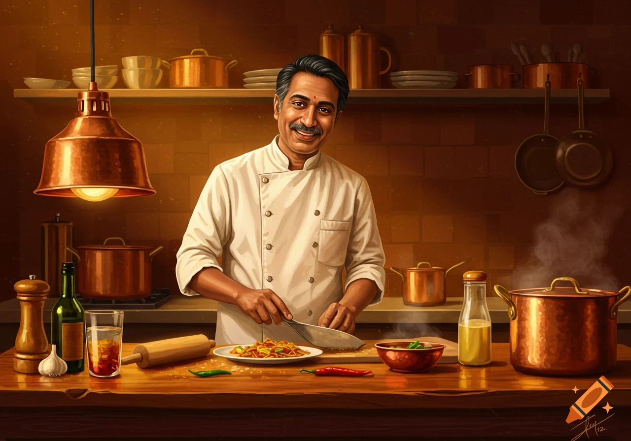 A smiling chef chops vegetables in a rustic kitchen setting. Painted style.