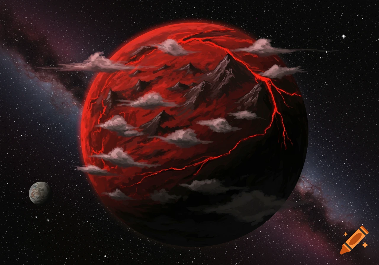 Artistic depiction of a large red and black planet with lava and mountains, with a smaller gray planet nearby, in space.
