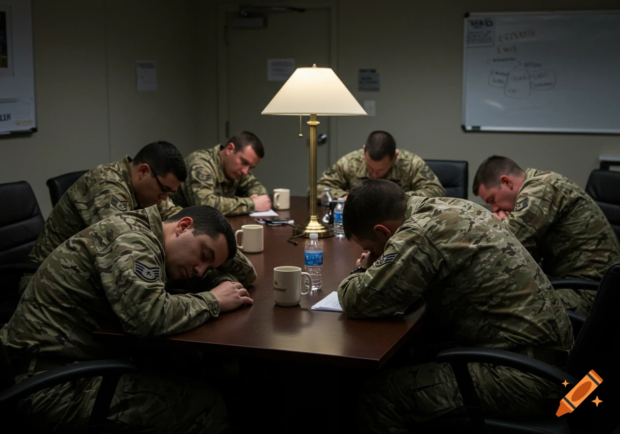 Several Air Force members sleep at a large wooden table in a meeting room with a lamp and whiteboard.