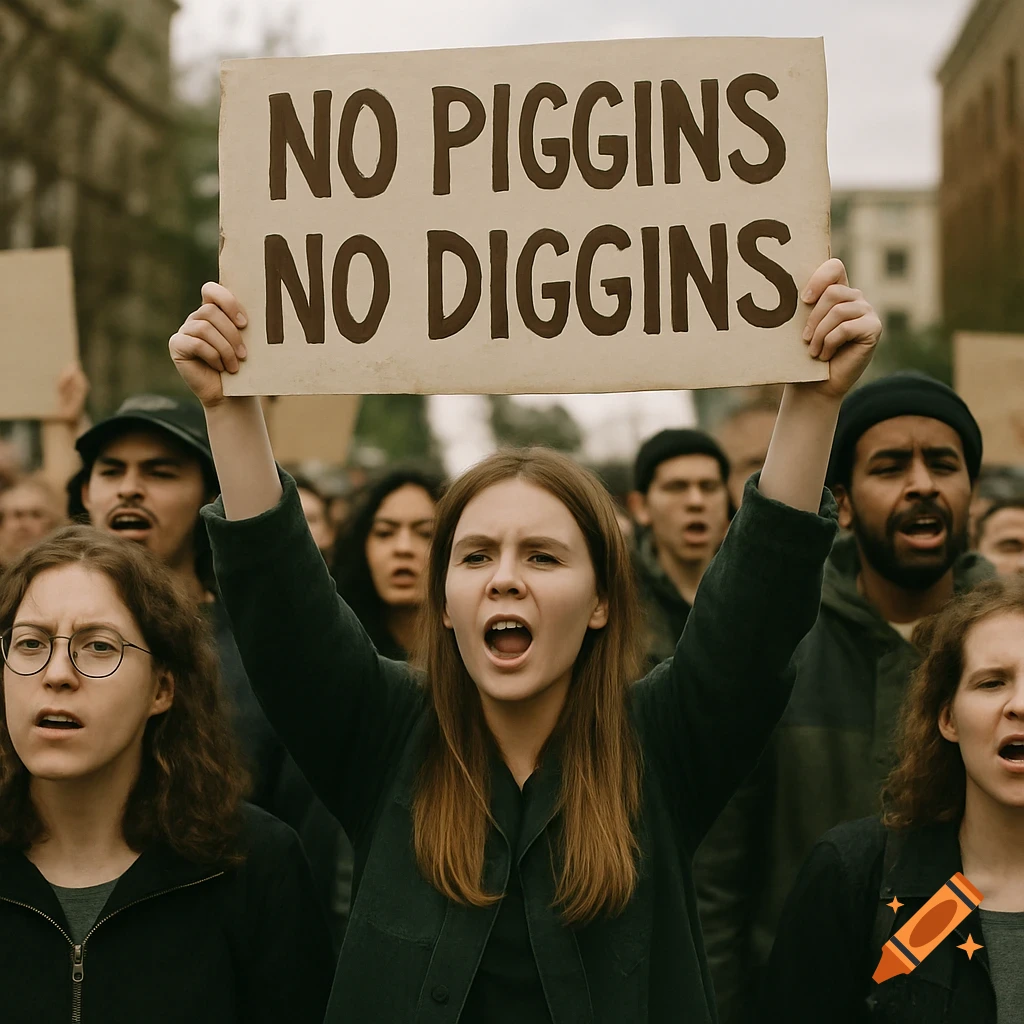 Crowd of protestors, a woman holding a sign reading 'No piggins, no diggins'.