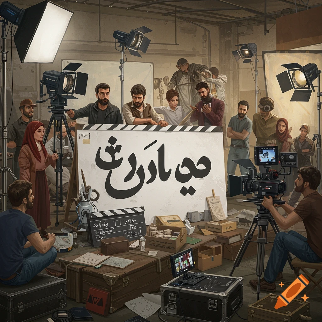 Illustration of a film crew and equipment on a set, with a large board of text
