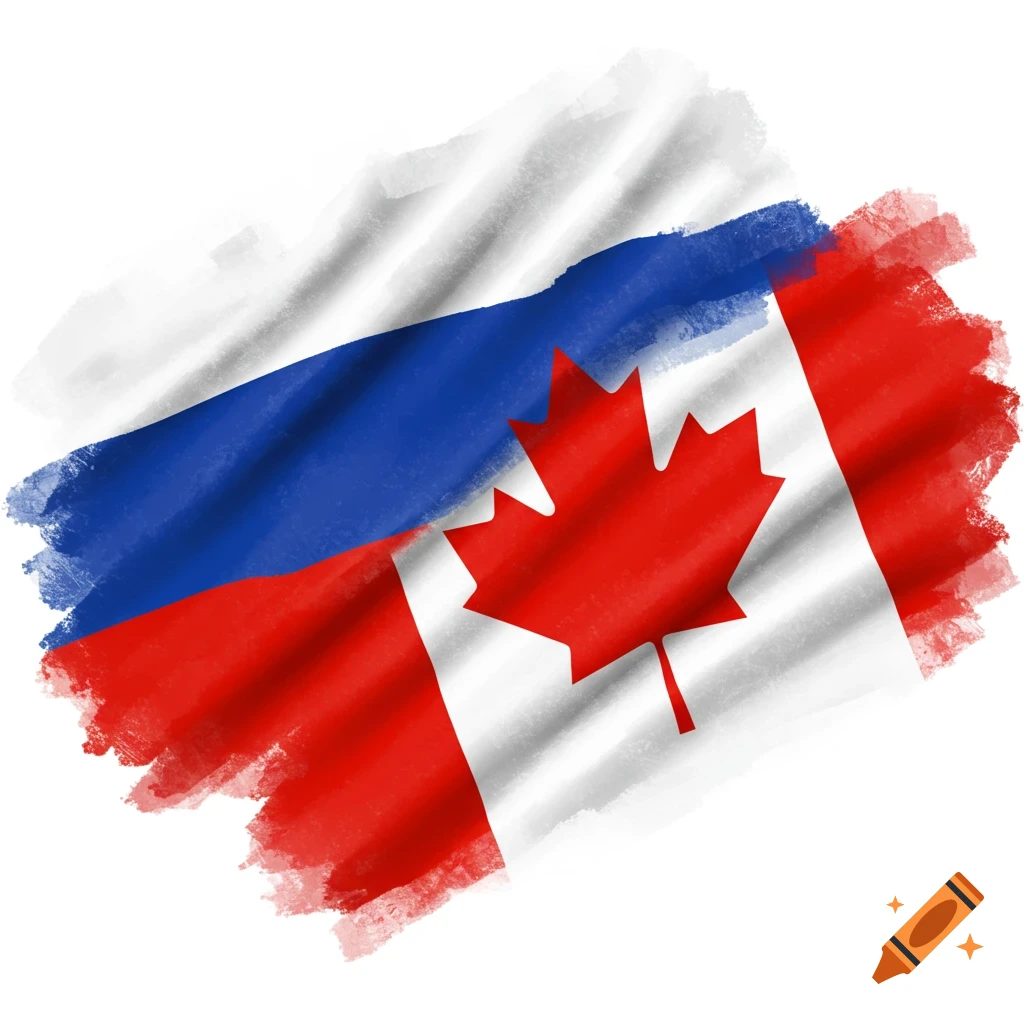 Watercolor illustration of Russian and Canadian flags overlapping in brush strokes.