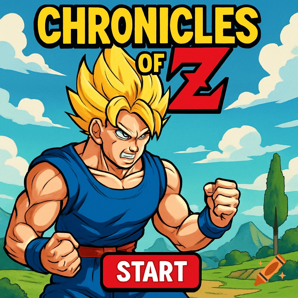 A muscular anime character in a blue tank top stands ready in a landscape with the title "CHRONICLES OF Z" and a "START" button.