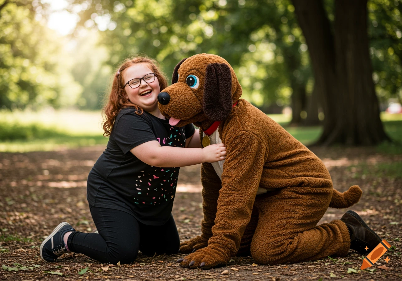 A girl with glasses hugs a person in a brown dog costume in a park. Photo.