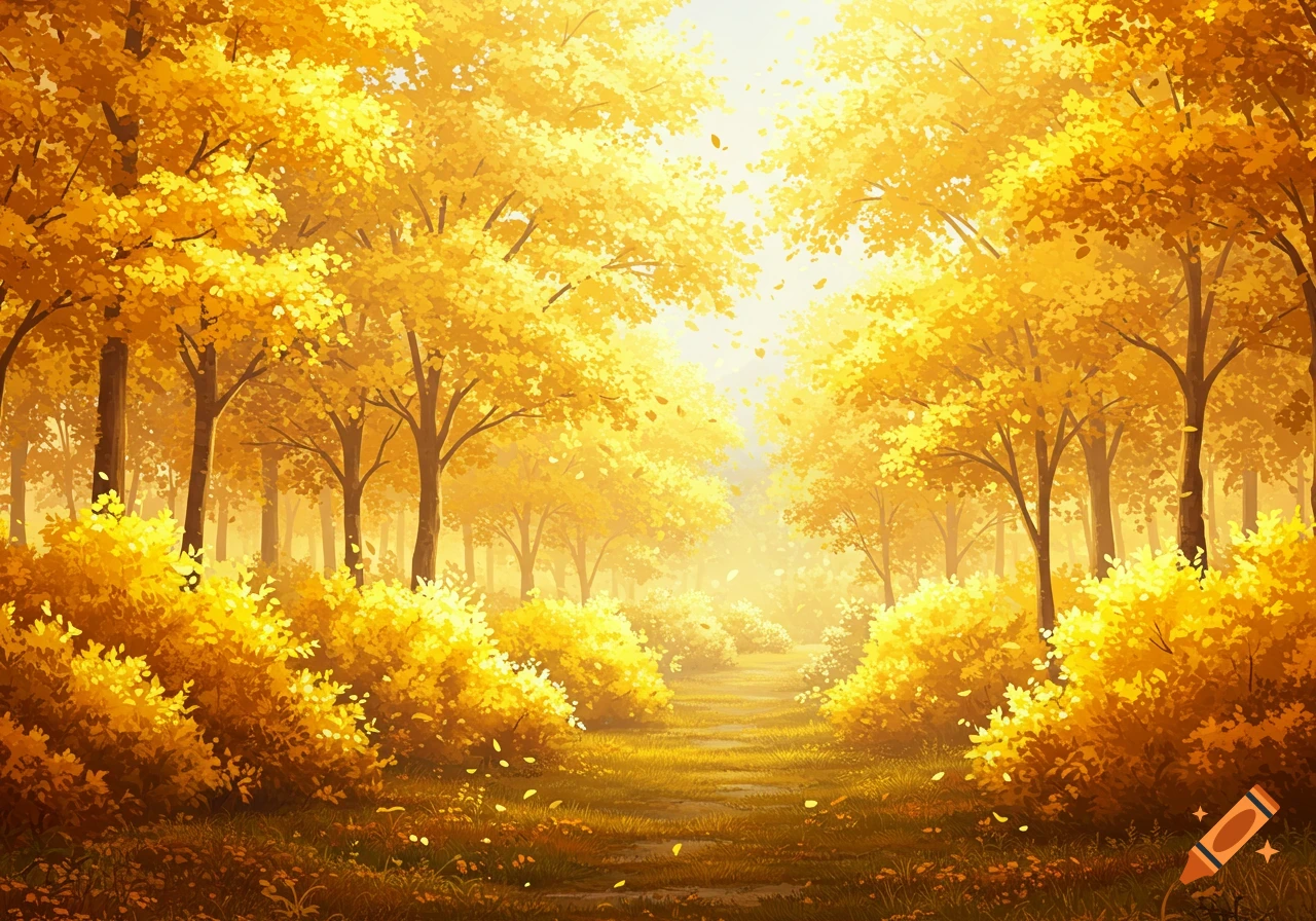 A path winds through an autumn forest with bright yellow leaves and golden sunlight.