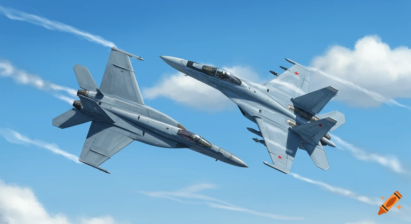 Two grey fighter jets fly closely together in a clear blue sky with clouds.