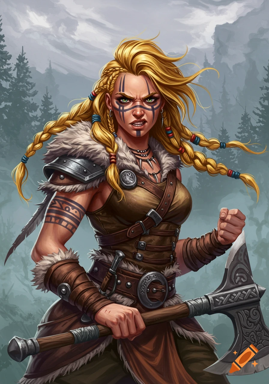 A digital painting of a fierce blonde female barbarian holding an axe in a forest.