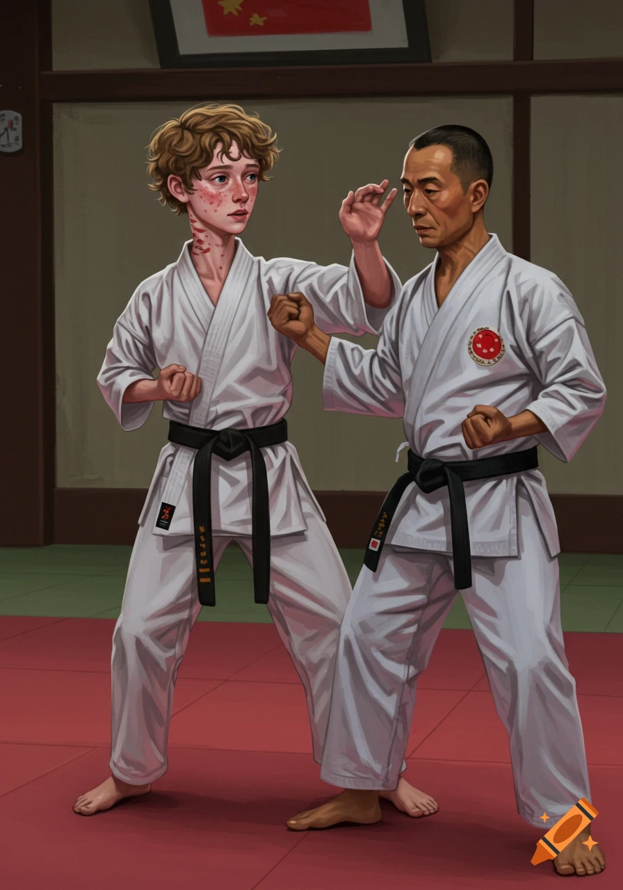 Two people in white karate uniforms with black belts practice a move in a dojo.