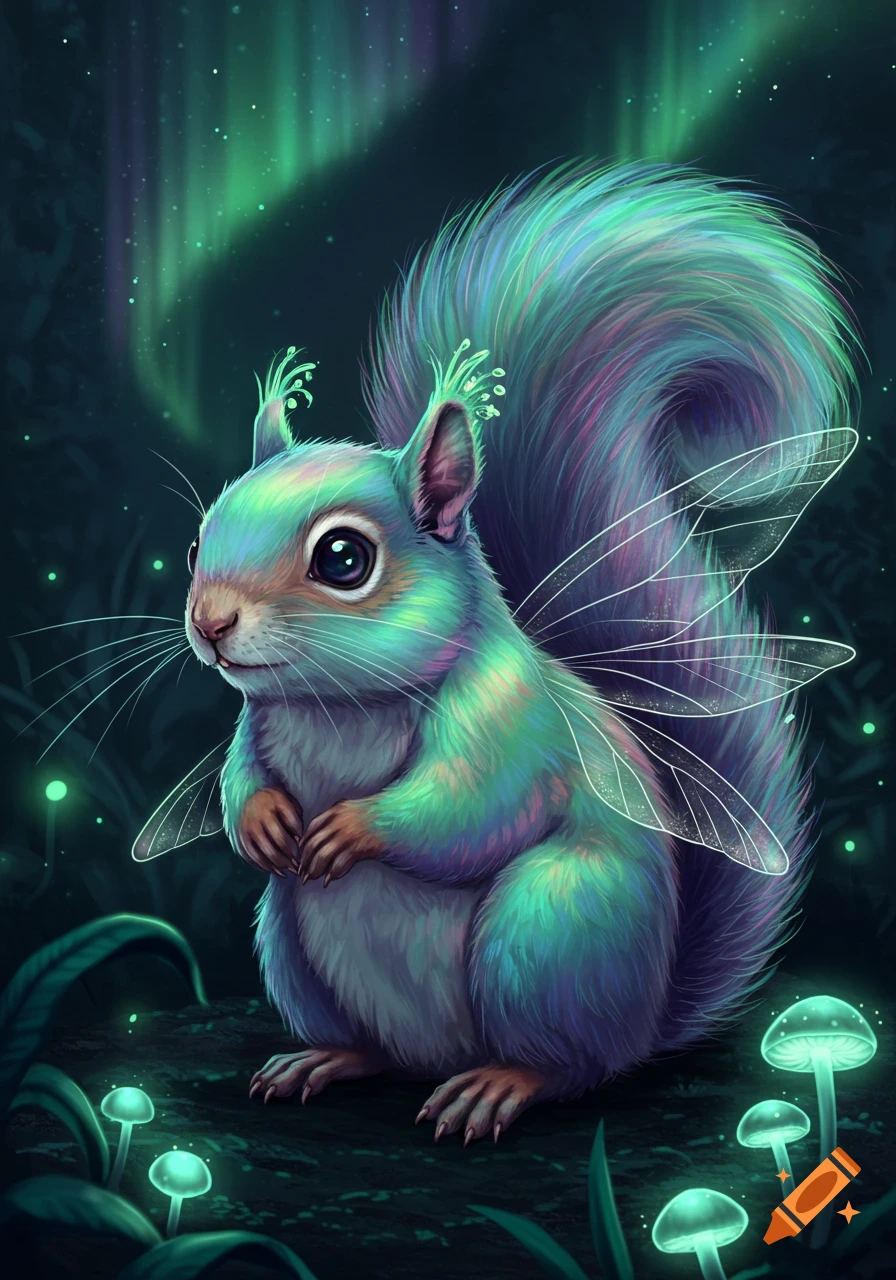 A cute fairy squirrel with iridescent, aurora-like fur sits in a glowing, dark forest with glowing mushrooms and aurora borealis in the background.