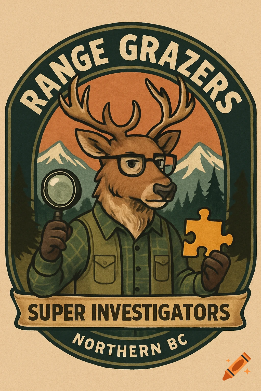Vintage illustration logo of a deer in glasses & plaid shirt with magnifying glass & puzzle piece, text 'RANGE GRAZERS SUPER INVESTIGATORS NORTHERN BC'.
