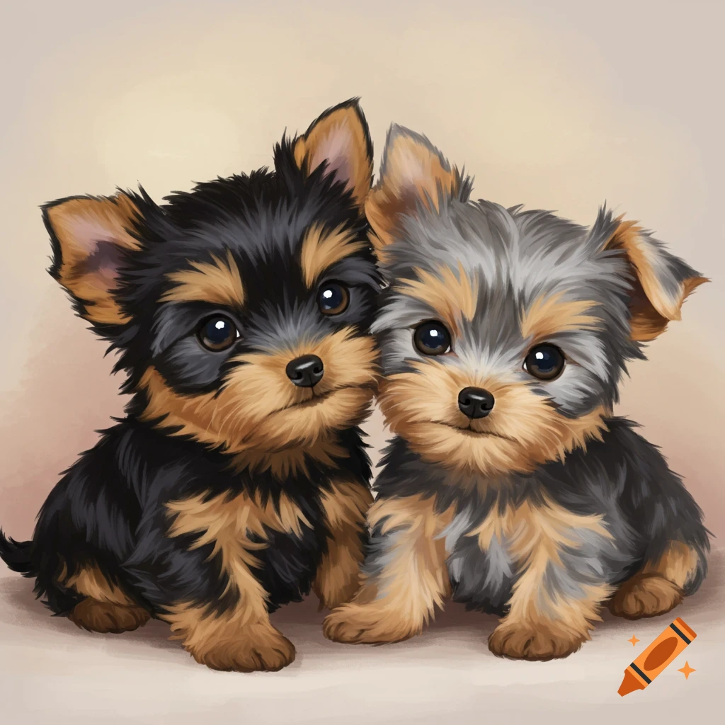 Two cute illustrated Yorkshire Terrier puppies sitting together