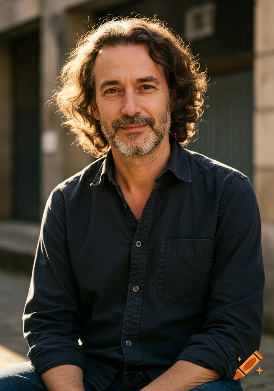 Portrait of a man with curly hair and beard smiling, outdoors