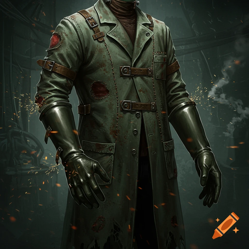 Figure in a distressed Frankenstein-inspired lab coat with straps and long rubber gloves in a dark, gritty setting.