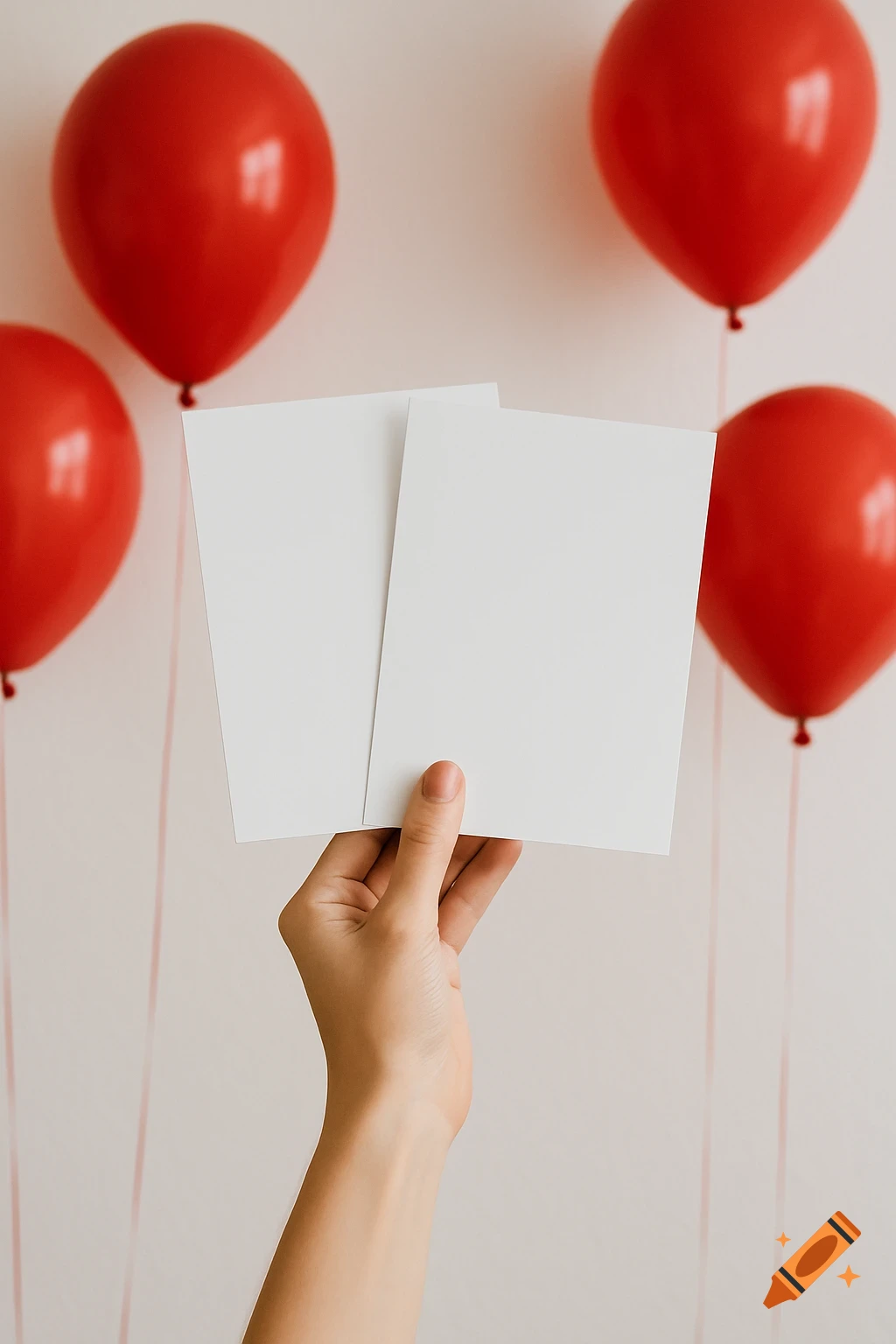 A hand holds two blank white cards against a white wall with red balloons.
